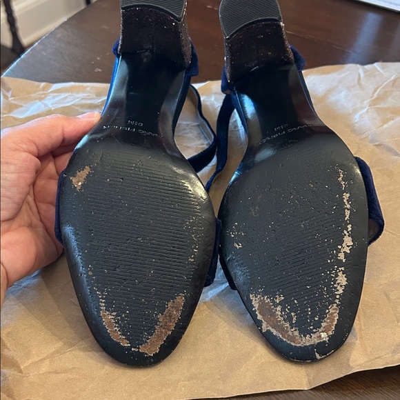 Marc Fisher Navy Velvet Block Heels with Gold Sparkles. - Picture 6 of 10